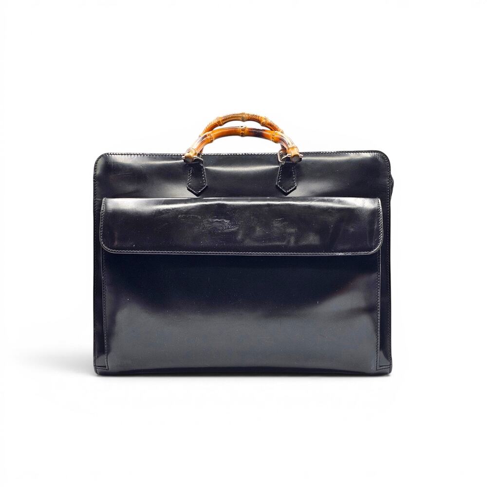 Gucci Vintage Bamboo Top-Handle Briefcase Attache Black Patent Leather